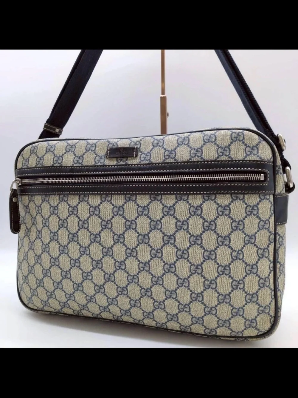 Gucci Beige Canvas Messenger Bag with Blue Monogram